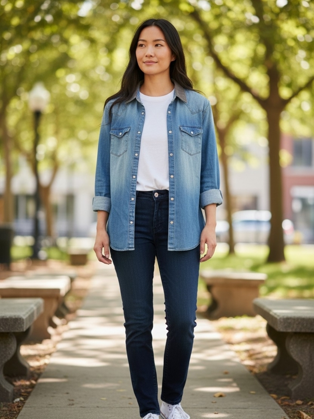 AllSaints Denim Shirt Women’s Large Blue Chambray Button Up Snap Western Style